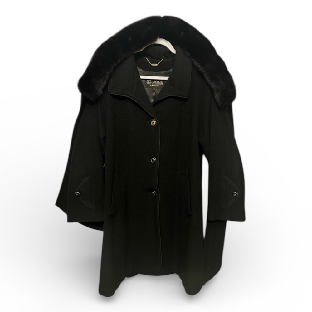 Luxury St. John Cashmere Wool Coat – Detachable‎ Fur Trim Hood/Scarf